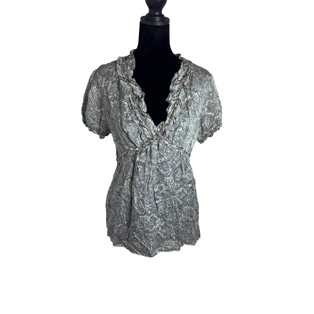 BCBGMAXAZRIA Tunic Women Size M Blue Paisley Silk V-Neck Ruffle Vintage Y2K Top